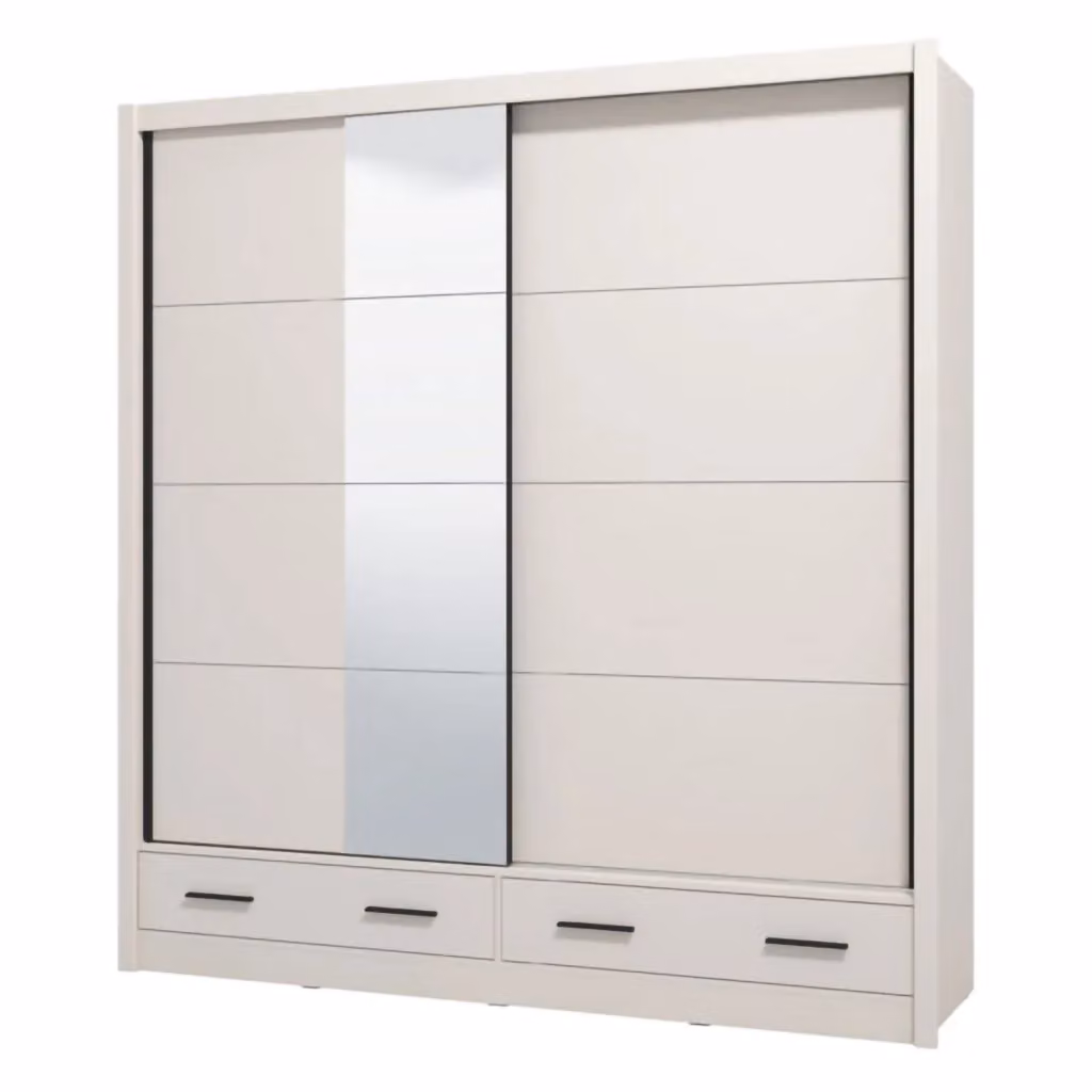 Armadio da camera DMORA con ante scorrevoli e specchio, bianco e beige, L: 205 cm, P: 60 cm, H: 216 cm – 2