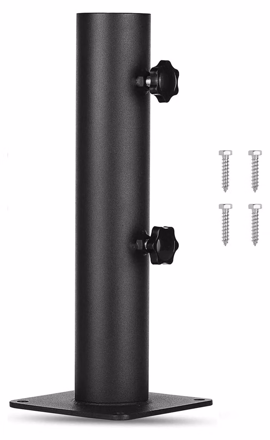 Supporto per ombrellone resistente - Portapacchi in acciaio robusto - Manopola regolabile - Maggiore stabilità - 4 fori per viti - Rivestimento in polvere nero - Base per ombrellone