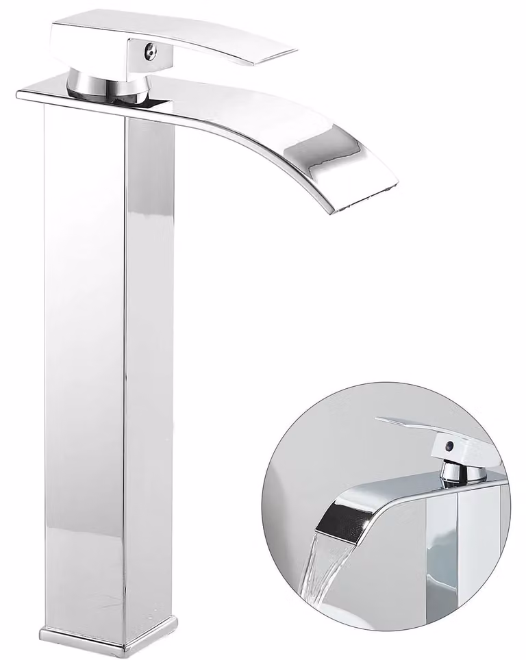 Miscelatore per lavabo da bagno - Miscelatore monocomando alto per lavabo - Adatto per lavabi da appoggio - Miscelatore per acqua calda e fredda - Montaggio monoblocco - Finitura spazzolata - Ottone con cartuccia in Vetroceramica - Cromo