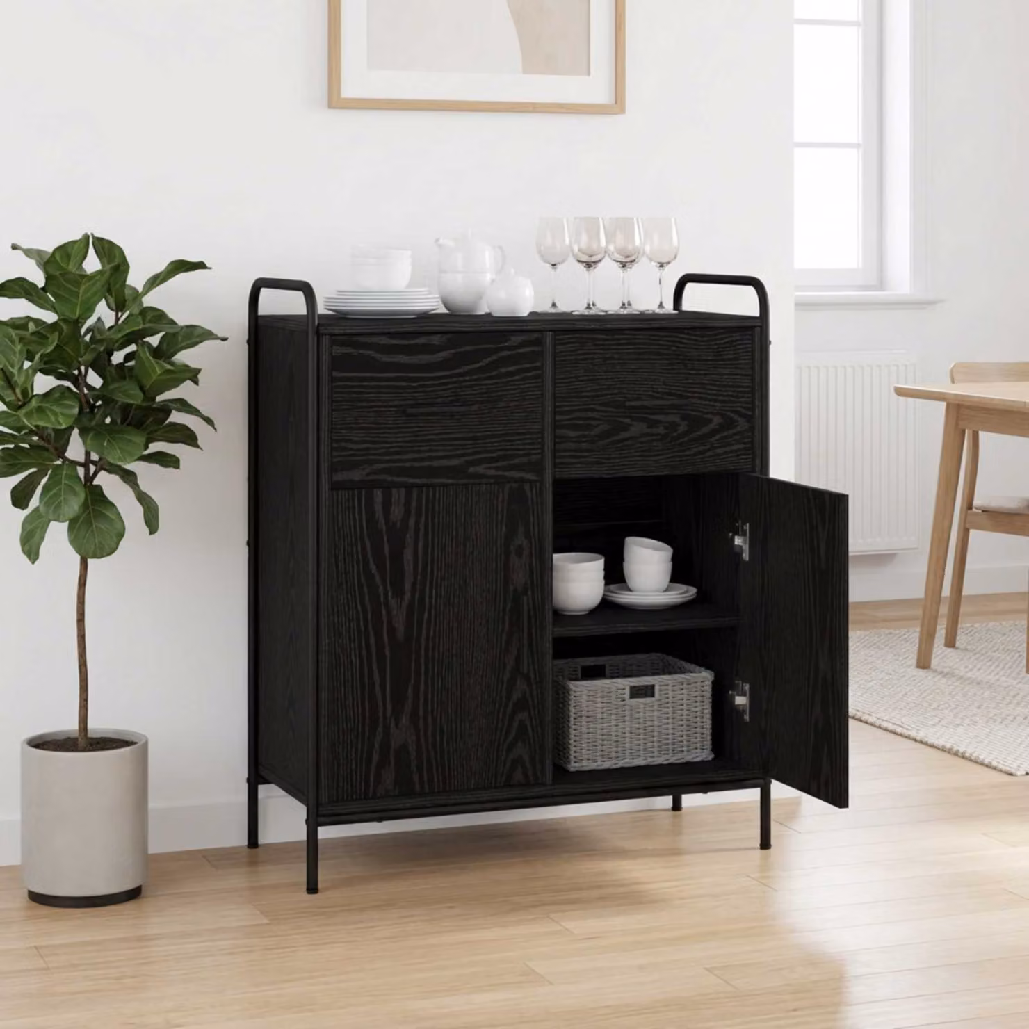Credenza moderna vidaXL in legno ingegnerizzato e metallo, colore nero, L 97 x P 33 x H 81 cm