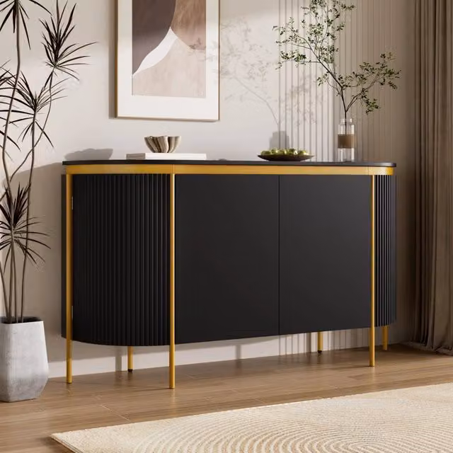 Credenza ovale con 4 ante senza maniglie passacavi per soggiorno in MDF nero con base rialzata 140 × 38 × 80 cm