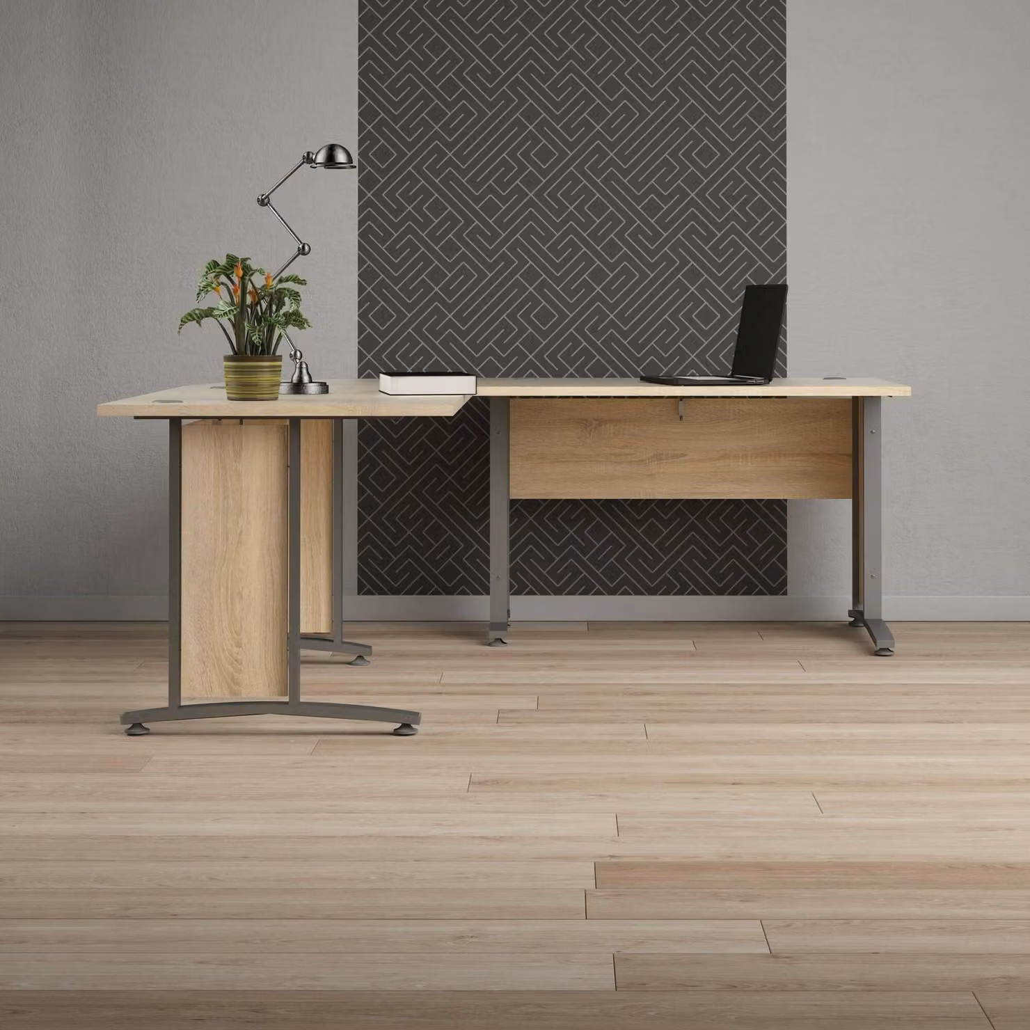 Dmora Scrivania Heling 200x200x74.5h cm Marrone Rovere, Angolare Colore Struttura Grigio