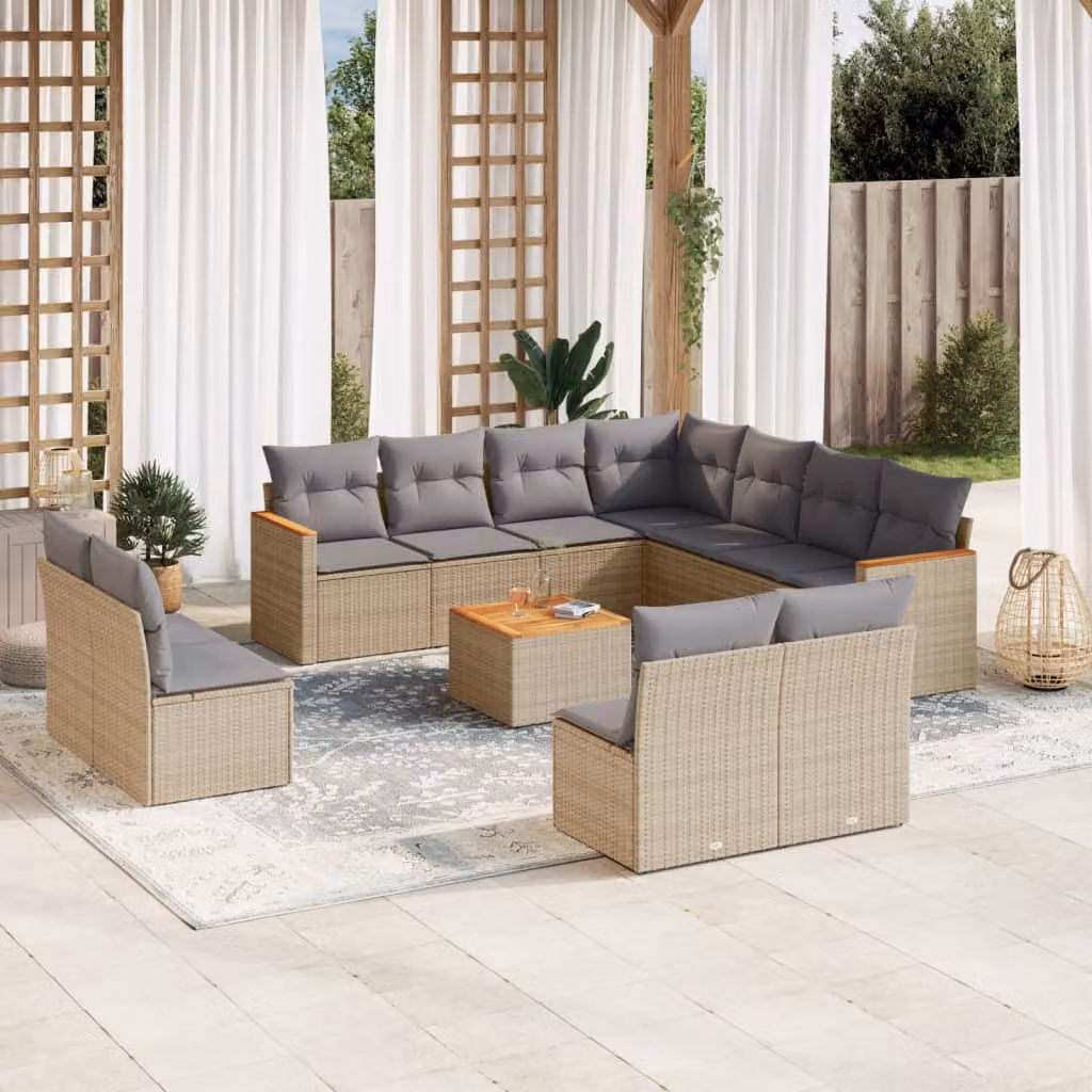 Set di divani da giardino vidaXL a forma di U in polyrattan con cuscini beige e grigi e tavolino da caffè da 12 pezzi – 1