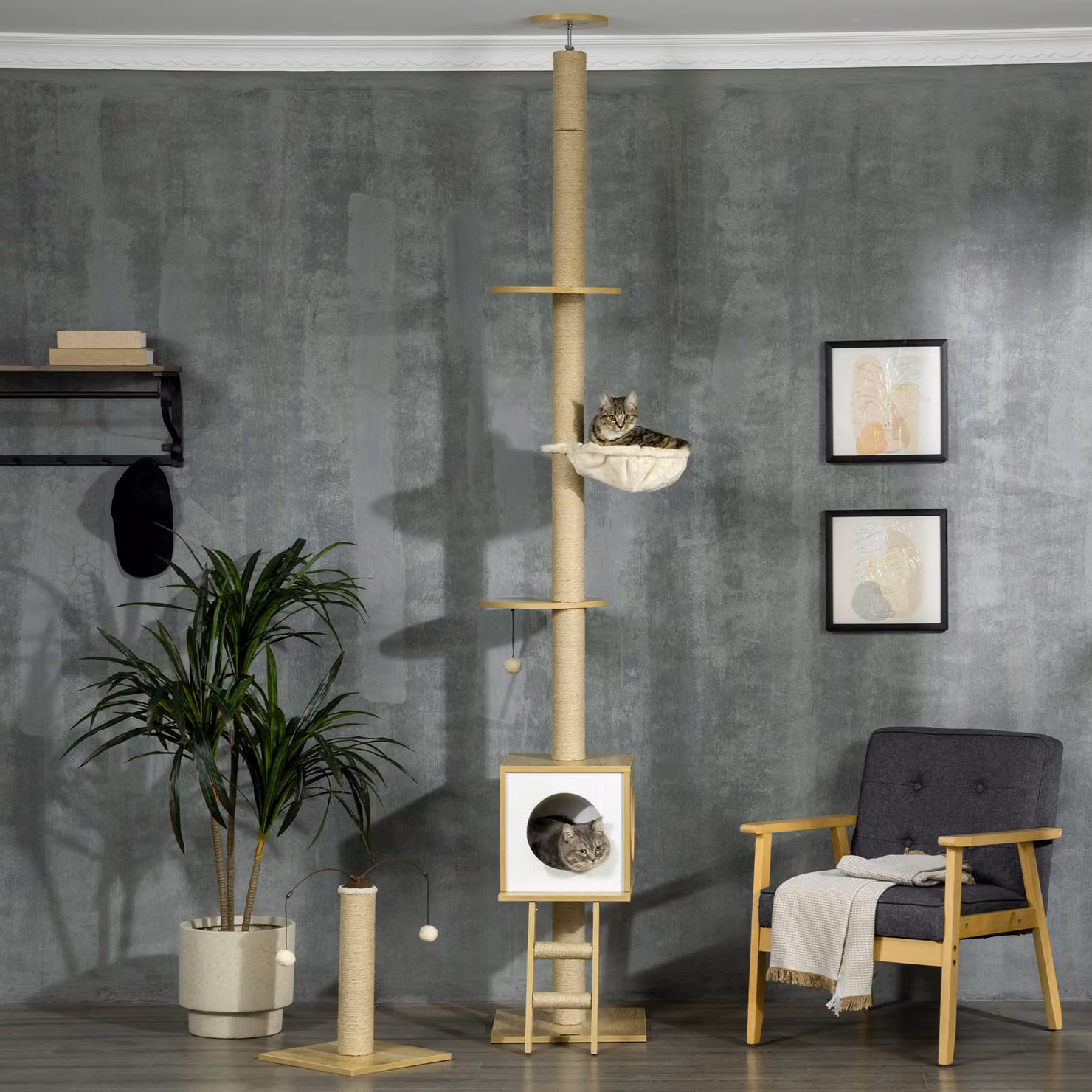 Albero per Gatti PawHut in Legno con Casetta, Amaca e Tiragraffi, Colore Marrone e Beige, L/P/H: 40 x 40 x 225-285 cm – 2