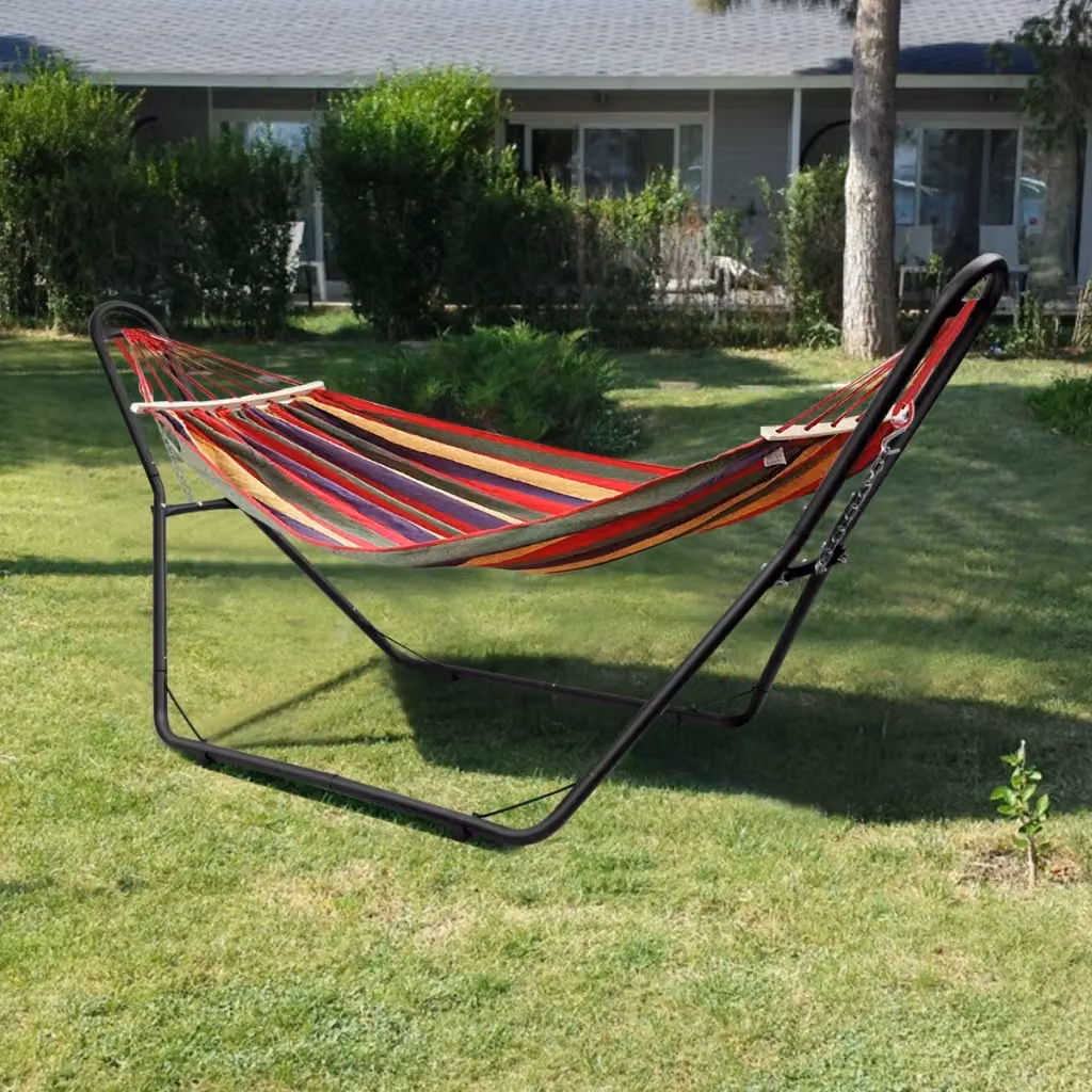Supporto universale regolabile per amache da giardino, telaio in metallo nero con capacità massima 200 kg, adatto per amache di lunghezza 2,8-3,6 m – 2