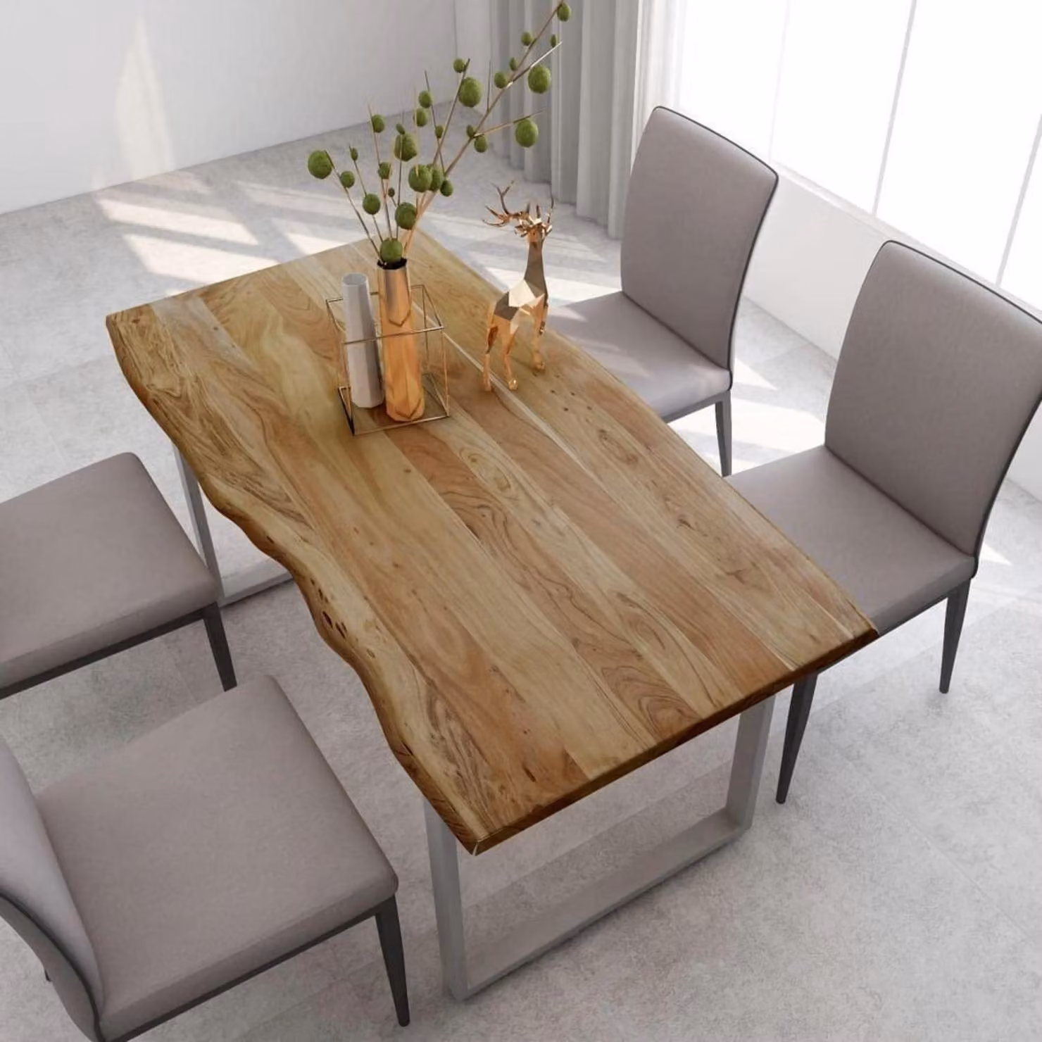 Tavolo da pranzo in legno di acacia massello, stile industriale, con bordo a forma di tronco, dimensioni 160x80x76 cm