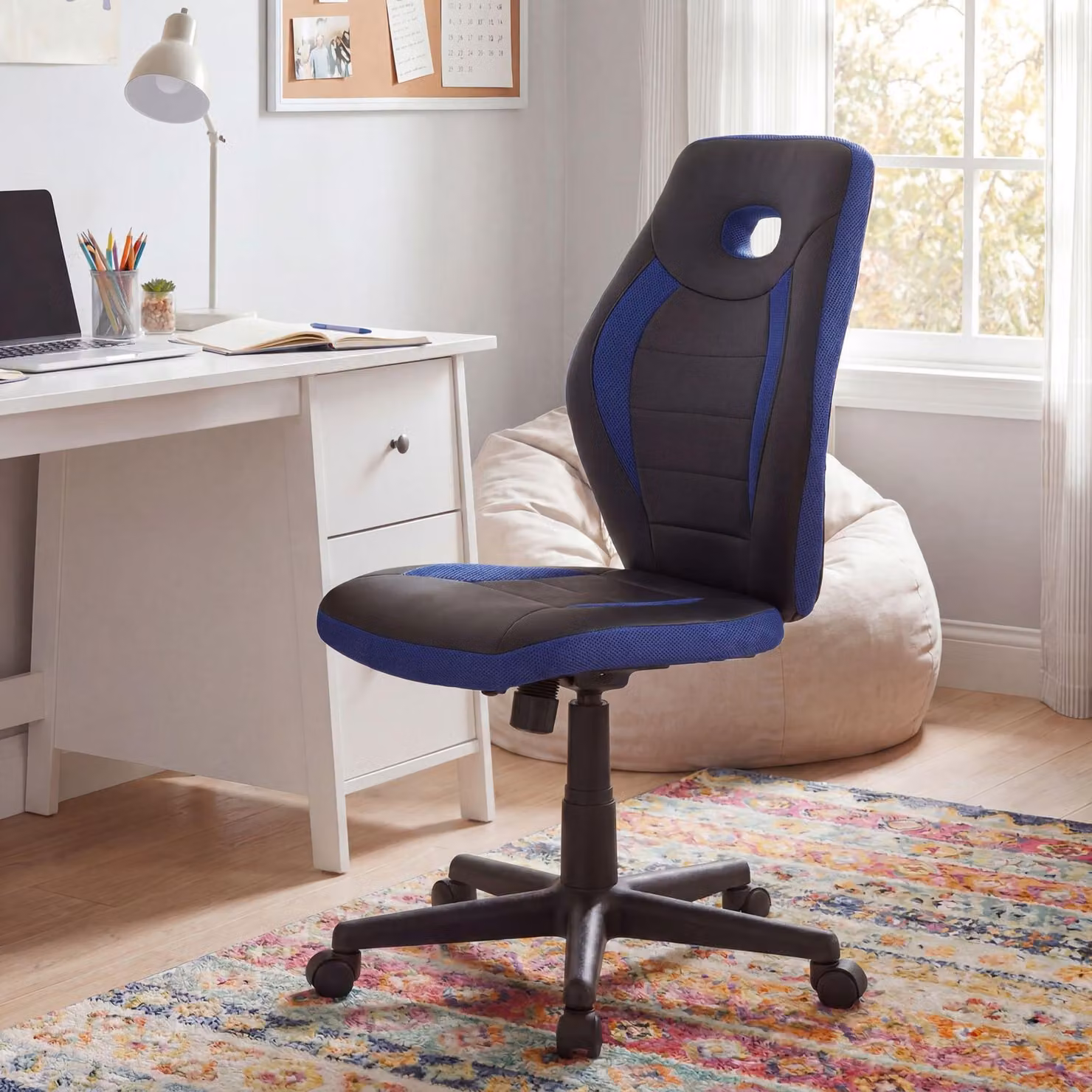 FineBuy: sedia da scrivania per bambini blu, per bambini dai 6 anni in su, con schienale; sedia girevole ergonomica per bambini, sedia da ufficio per bambini, sedia per ragazzi, regolabile in altezza