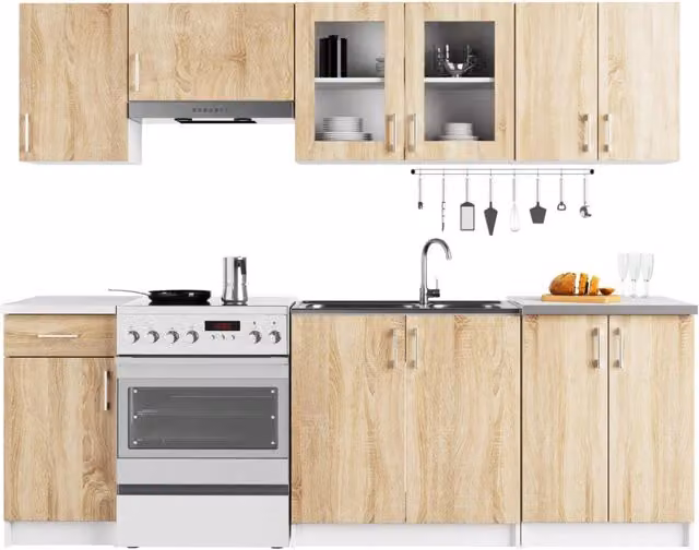 Set da cucina con vetrina AKORD LIMA 2,4 m Bianco 240 cm 11 ante 1 cassetto frontale Rovere Sonoma 240×44,5×203 cm