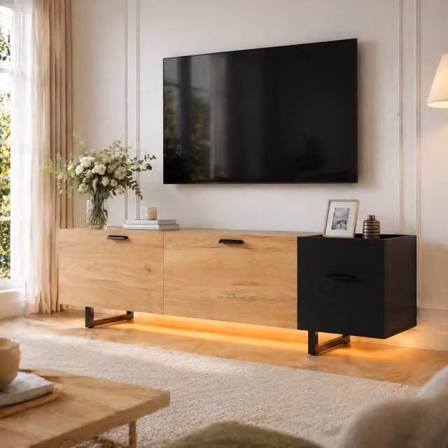 Mobile TV Mivray moderno con illuminazione LED, vani aperti e cassetti, supporti in metallo, nero effetto legno L/P/H: 180 x 38 x 49 cm