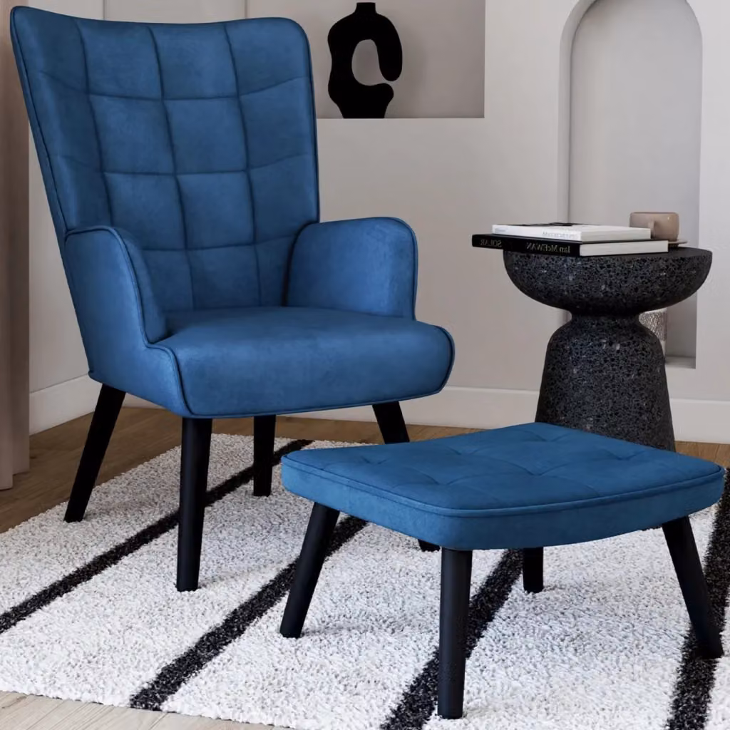 IDMarket Poltrona scandinava ANIA con poggiapiedi in velluto blu – 2