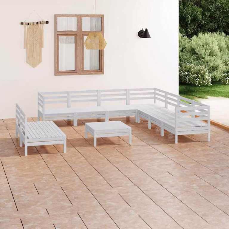 vidaXL Set Salotto da Giardino a L in Legno di Pino Bianco con 10 Pezzi e Cuscini in Tessuto