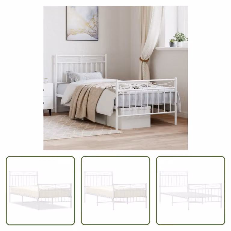 The Living Store Struttura letto con testiera e pediera in metallo bianco 90x200 cm