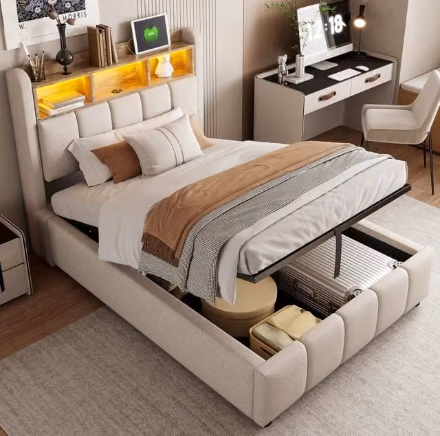 Letto singolo imbottito 90x200 cm beige con LED e USB