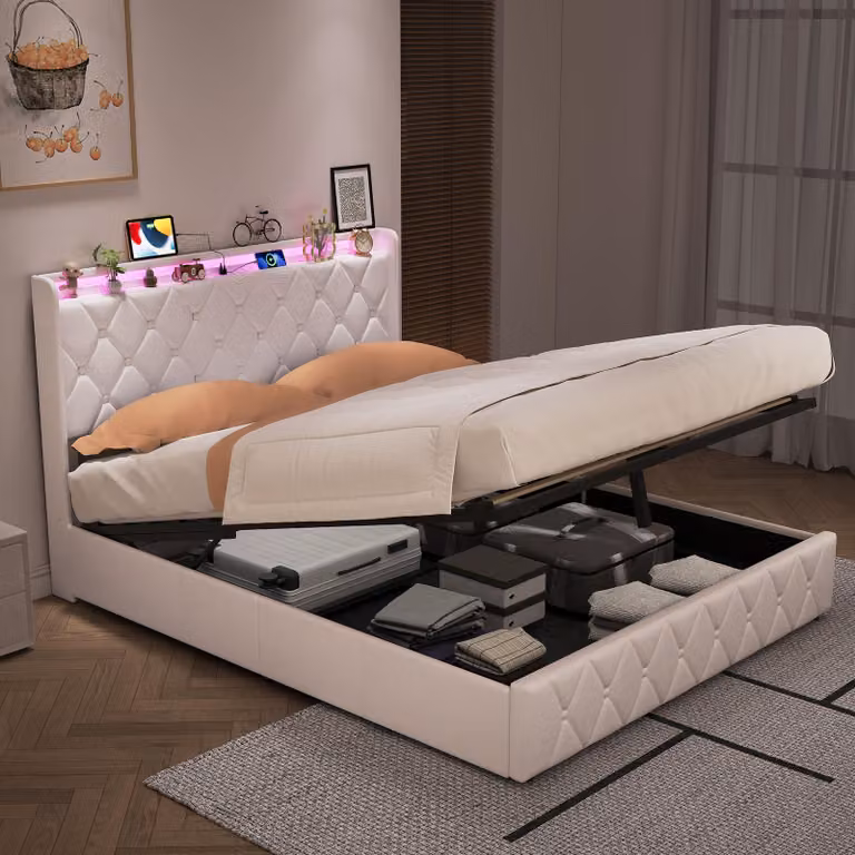 Letto imbottito REMZETTA, 160 x 200 cm, letto matrimoniale con contenitore e meccanismo di sollevamento idraulico, testiera imbottita, tessuto velluto, color beige