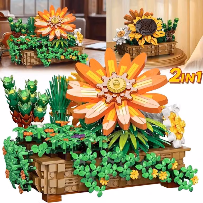 Set di costruzioni a tema botanico, fiori, bonsai, girasole, decorazioni floreali