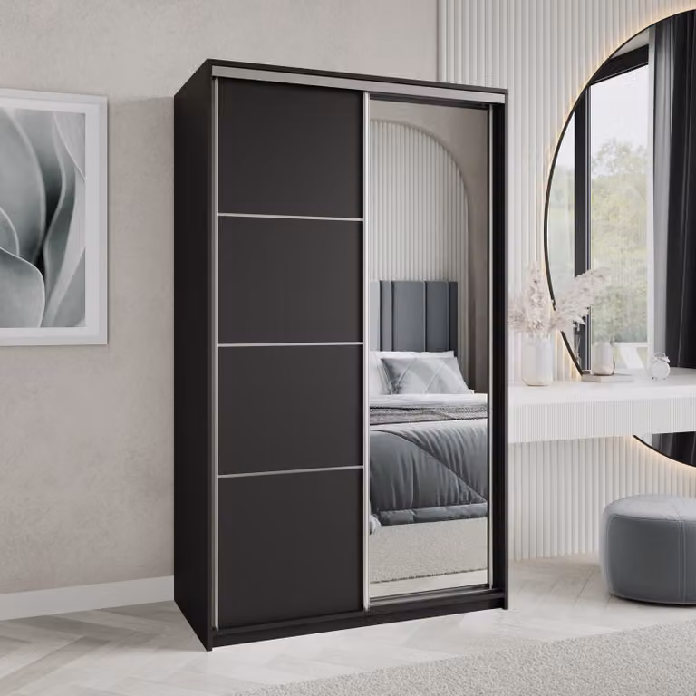 Armadio scorrevole Masseno VARO 120/205/60 cm Armadio con cassetti Armadio per camera da letto a 2 ante con specchio Nero + raso
