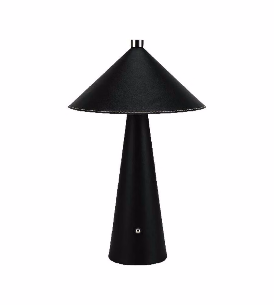 Lampada da tavolo LED V-TAC 3W con batteria ricaricabile USB-C, design moderno in metallo e pelle nera, tecnologia touch dimmerabile 3in1