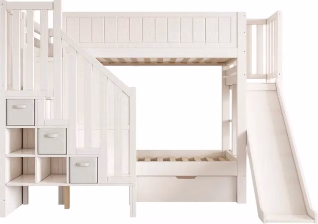 Letto a castello per bambini 90x200 cm con scivolo, armadio a scala, grandi cassetti e mensola aperta bianco senza materasso
