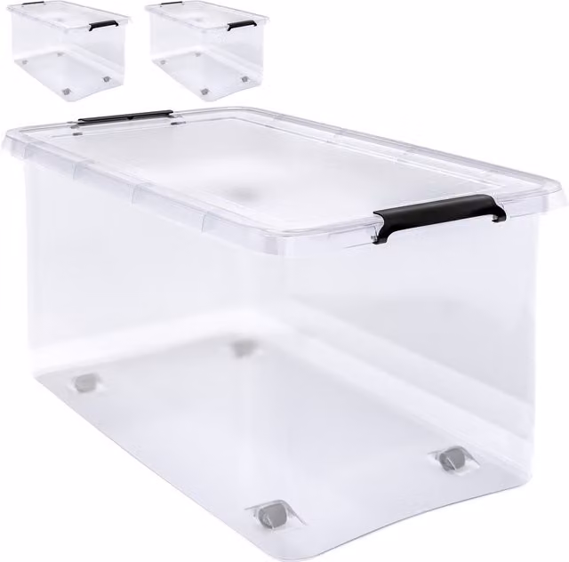 Set di 2 contenitori in plastica trasparente Deuba con coperchio, ruote e maniglie, L: 60 cm, P: 40 cm, H: 35 cm, capacità 60L