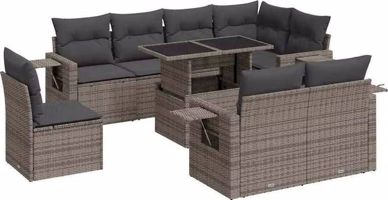 Set Divano da Giardino 9 pz con Cuscini Grigio in Polyrattan