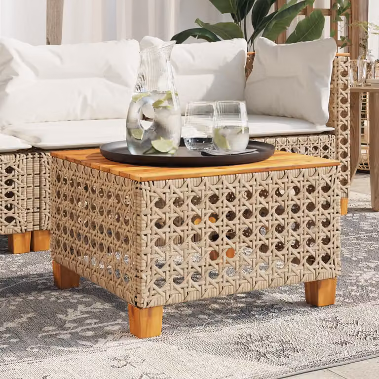 vidaXL Tavolo da Giardino Quadrato in Polyrattan e Legno di Acacia Beige e Marrone L/P/H: 55 x 55 x 36 cm