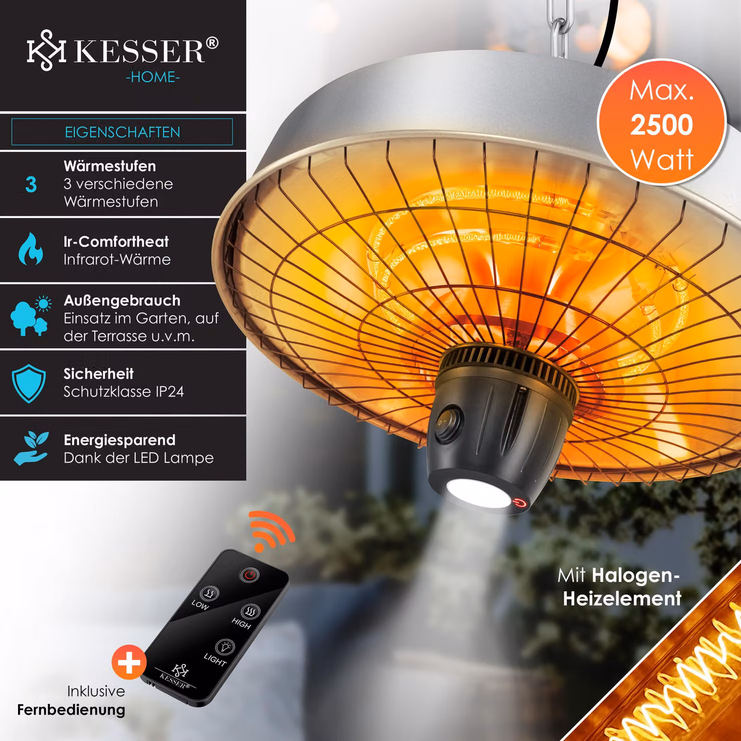 KESSER® Riscaldatore da soffitto a infrarossi a fungo da 2500 W per terrazze con telecomando | Riscaldatore al quarzo | Luce a LED | Da soffitto | Riscaldatore a infrarossi | Con catena + moschettone | Elemento riscaldante in carbonio