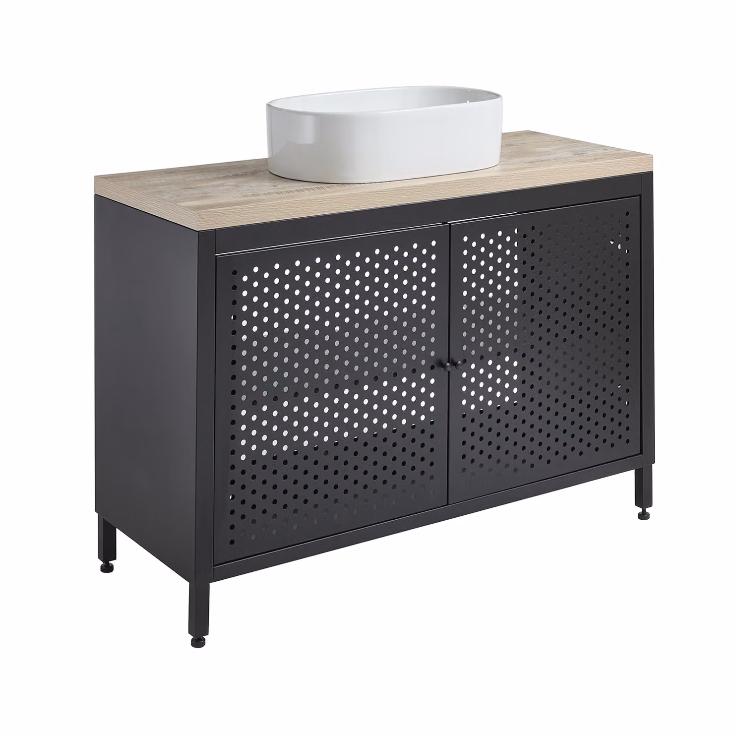 Mobile da Lavabo per Bagno in Metallo Nero da 1200mm con Ripiano di Colore Rovere Chiaro e Lavabo Ovale - Beswick