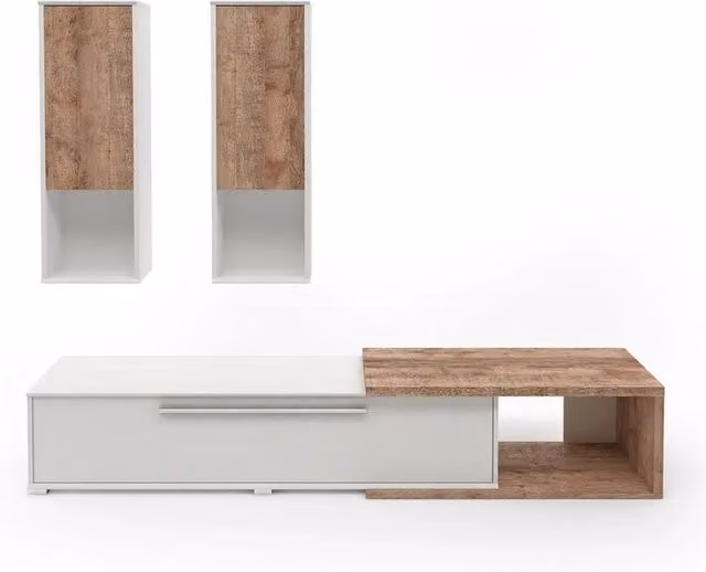 Composizione di 3 mobili HARLEM - 2 mobili sospesi e 1 mobile TV - Bianco e Rovere