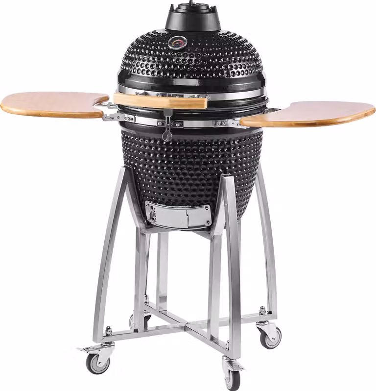 SucceBuy griglia in Vetroceramica Kamado, affumicatore Ø 450 mm, con maniglie in legno, ripiani laterali pieghevoli, struttura in metallo con rotelle e termometro fino a 400°C, flusso d'aria regolabile in alto e in basso, ideale per BBQ, grigliate, cottur
