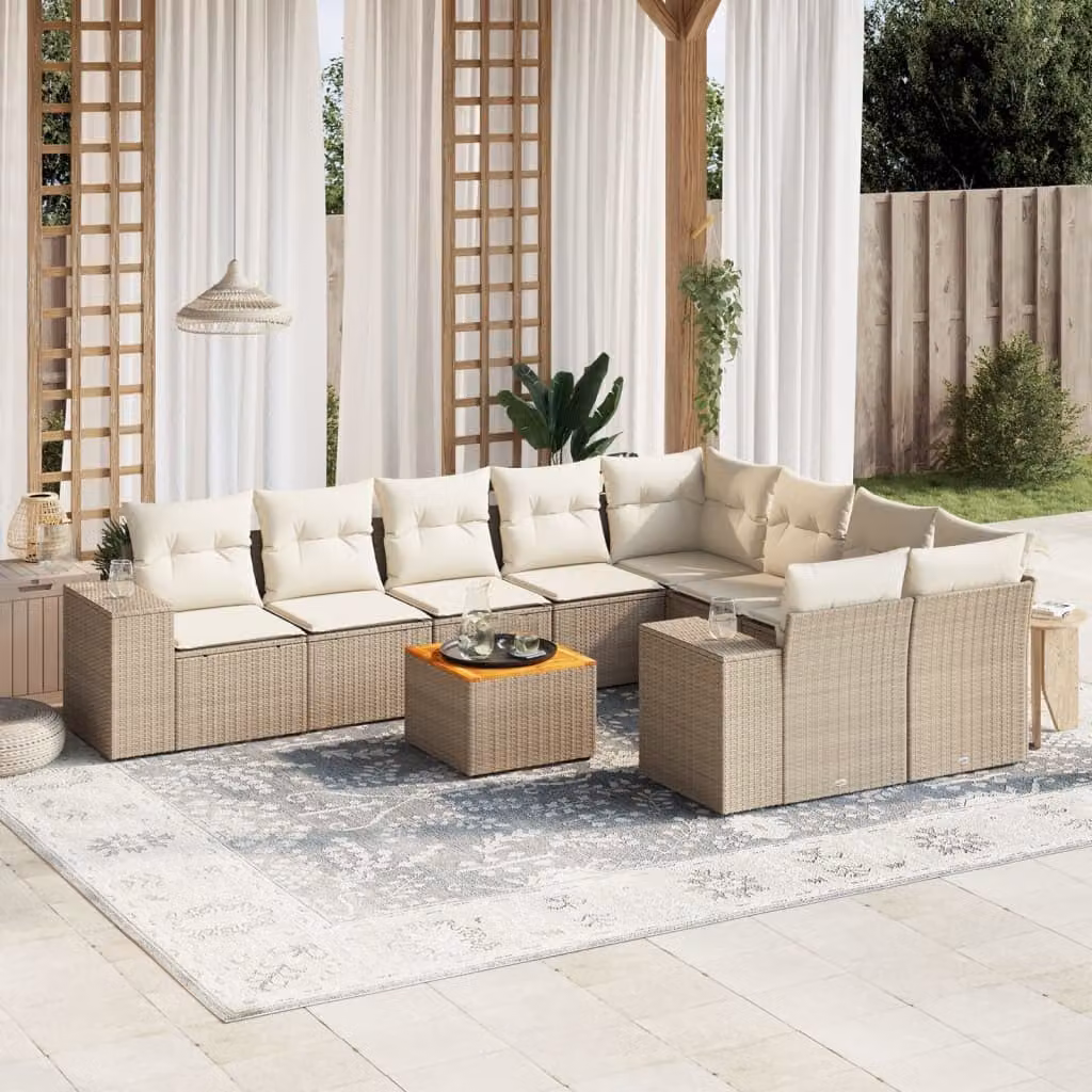 vidaXL Set Divano da Giardino 10 pz a forma di U in Polyrattan con Cuscini Beige e Tavolino da Esterno – 1