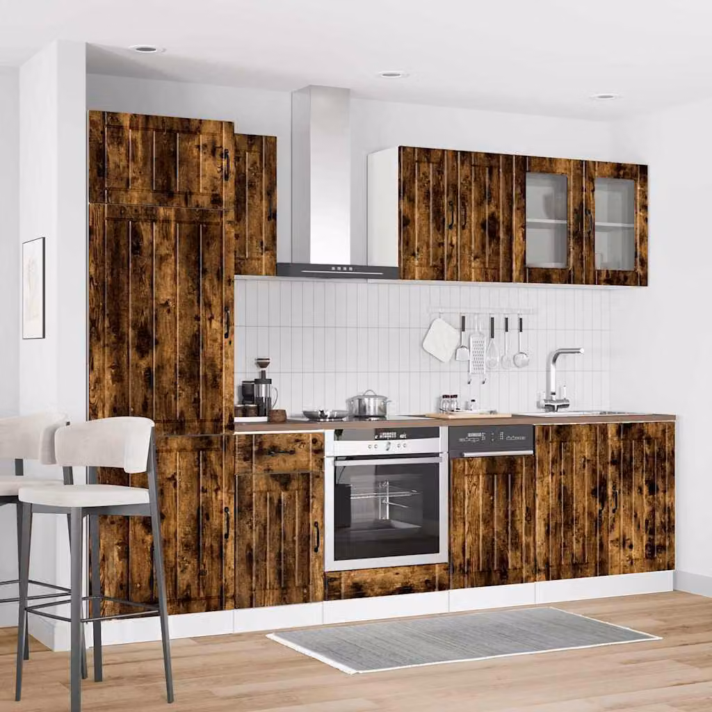 Set di mobili da cucina moderno vidaXL Lucca composto da 8 pezzi in legno rovere e vetro, colore marrone, L/P/H: 207 x 60 x 57 cm