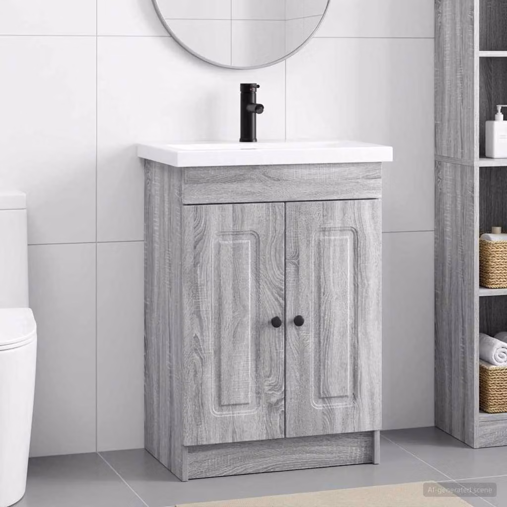 Set di mobili per il bagno vidaXL Sonoma grigio, design moderno con ante a battente e ripiani interni, L: 56 cm, P: 37,5 cm, H: 81 cm