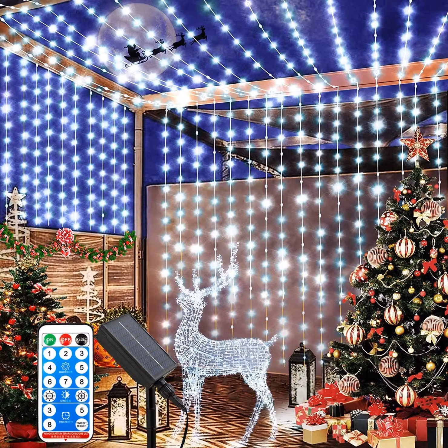 Tenda luminosa solare, dimensioni 3x3 metri, 300 LED, luce bianca fredda, impermeabile, con telecomando