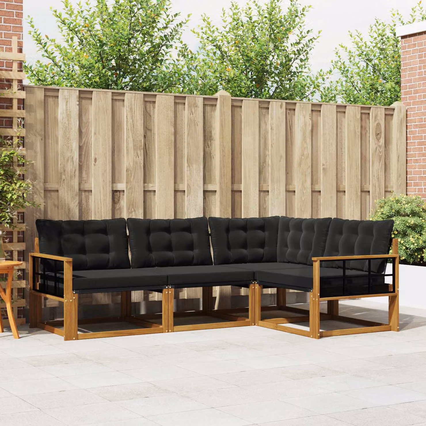 Set di divani da esterno vidaXL 4 pz in legno di acacia e textilene, composizione a L con cuscini inclusi, colore marrone e nero