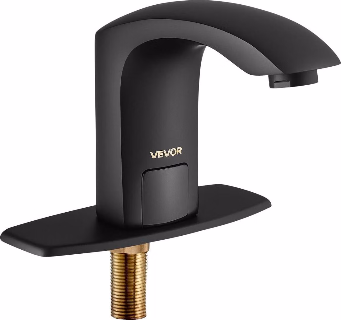 Rubinetto touchless per lavabo da bagno, rubinetto automatico con sensore di movimento per WC con piastra di copertura del foro, alimentato a batteria, temperatura regolabile per lavabo commerciale con tubo da 9,5 mm, nero opaco