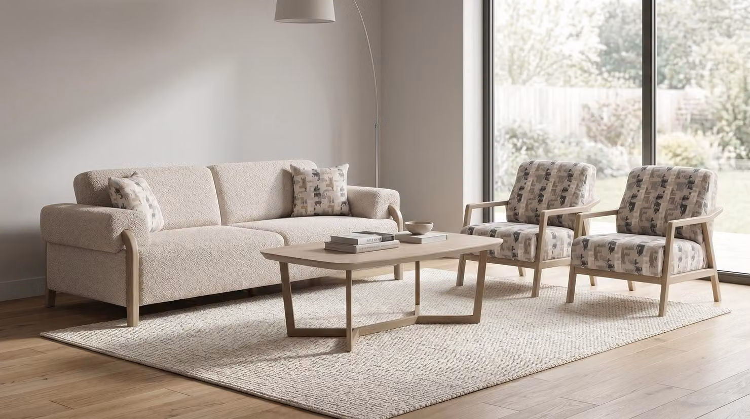 Divano componibile 3 posti + 2 poltrone, beige, tessuto bouclé, design moderno scandinavo, set da 3 pezzi.