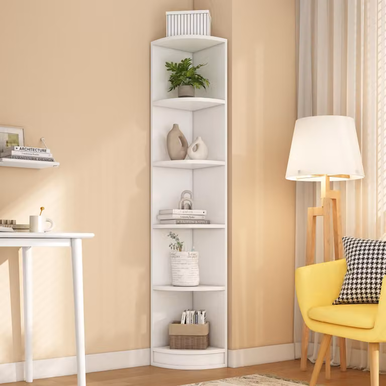 Fortuna Lai Scaffale angolare, scaffale, scaffale da magazzino, materiale MDF, scaffale a cinque ripiani, forma semplice, forte capacità di carico, bianco