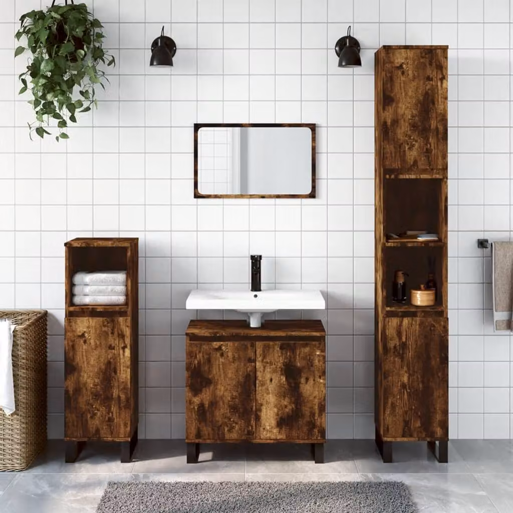 Set di mobili da bagno moderno vidaXL in legno e metallo color rovere fumo, composto da 3 pezzi con mobile lavabo e colonna, L/P/H: 60 x 33 x 58 cm e 60 x 33 x 82 cm