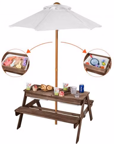 Tavolo da Picnic VEVOR in Legno con Ombrellino e 2 Vassoi per 4 Persone, Ideale per Giardino e Terrazza, Colore Noce