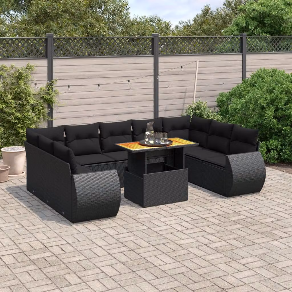 vidaXL Set Divani da Giardino 10 Pezzi in Polyrattan Nero con Cuscini Imbottiti e Tavolino da Esterno – 1