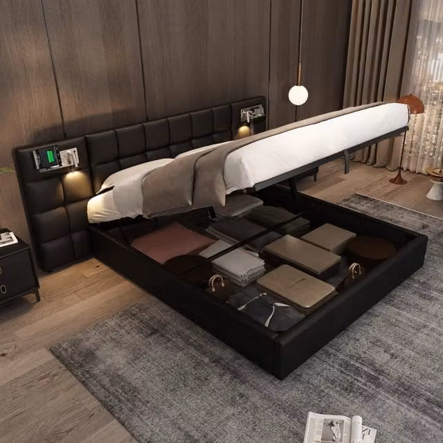 Letto Imbottito REDOM in Finta Pelle Nero con Base a Sollevamento, Porte USB, Luce Integrata e Ripiano per la Camera da Letto L/P: 180 x 200 cm