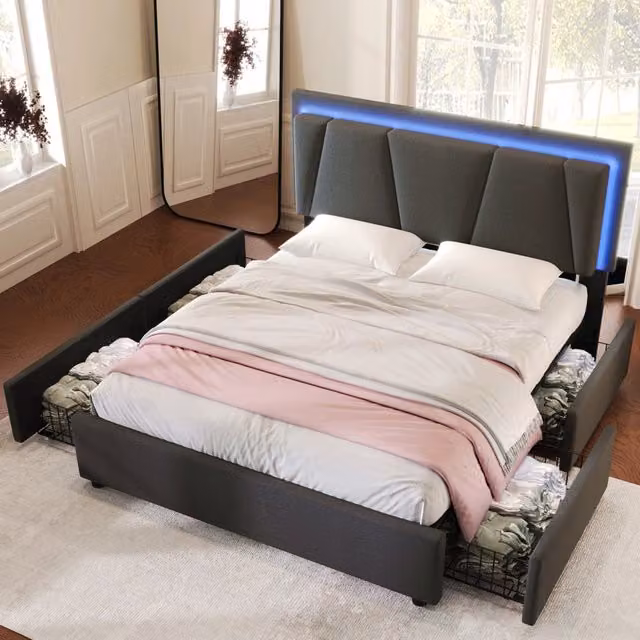 Letto Imbottito REDOM Grigio con Testiera Regolabile, Illuminazione LED Sotto il Letto e 4 Cassetti, L/P: 140 x 200 cm