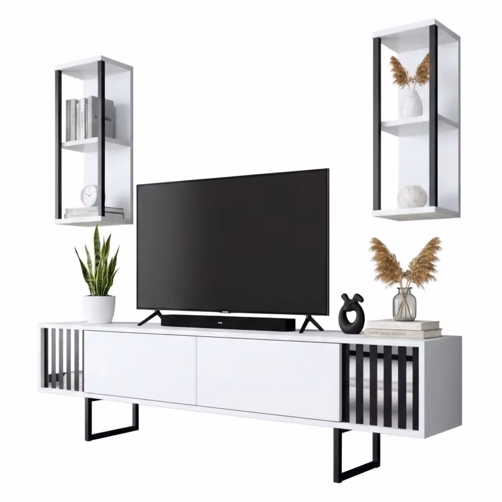 Mobile porta TV DMORA moderno Bianco e Nero L: 180 cm, P: 30 cm, H: 48 cm – 2