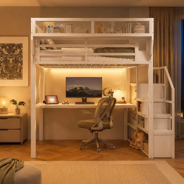 Letto a soppalco MIVRAY bianco con scrivania da 2 m, illuminazione LED, prese USB, scala con gradini e ripiani regolabili, L/P/H: 200 x 140 x 191 cm – 1