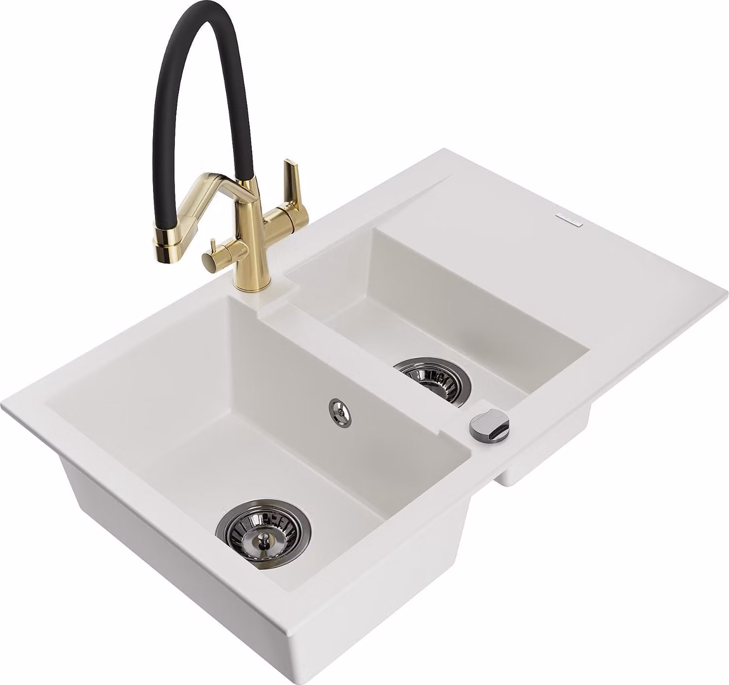 Mexen Gaspar lavello in granito a 1,5 vasca con scolapiatti e rubinetto da cucina Duo, bianco - 6507-20-671701-57-B