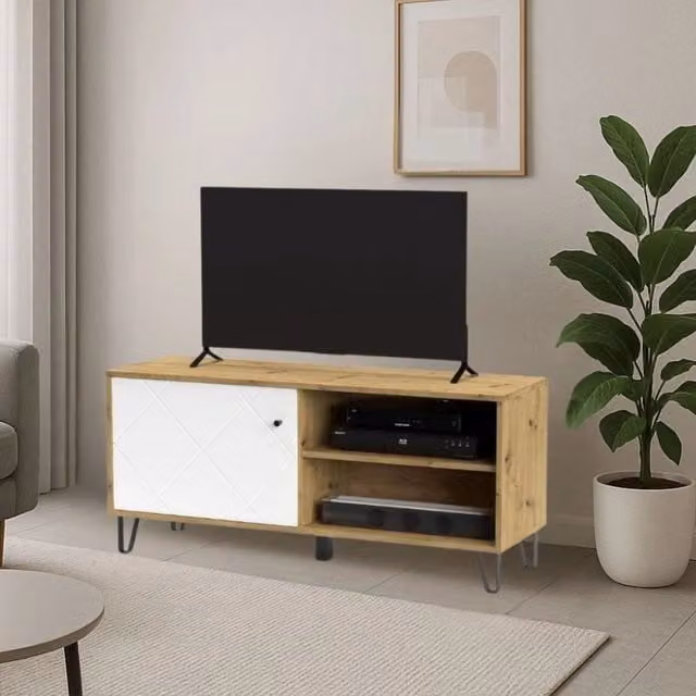 Mobile porta TV moderno Veriaffari BolloBO01B con 1 anta e vano a giorno, colore rovere bianco, L 123 cm x P 40 cm x H 55 cm