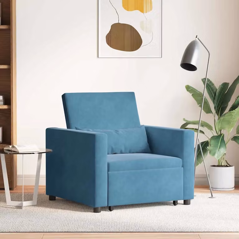 vidaXL Divano letto singolo estraibile in velluto blu con struttura in metallo e braccioli