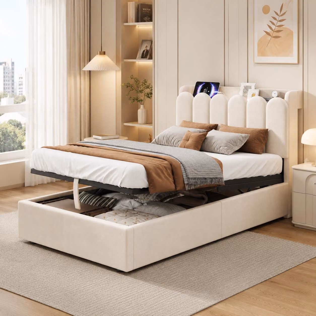 Letto imbottito STILVORA, 90x200 cm, con materasso. Letto con spazio contenitore a sollevamento idraulico, letto per bambini con stazione di ricarica USB e Type-C e lampada da lettura, letto singolo con rete a doghe e testiera imbottita, in velluto, color