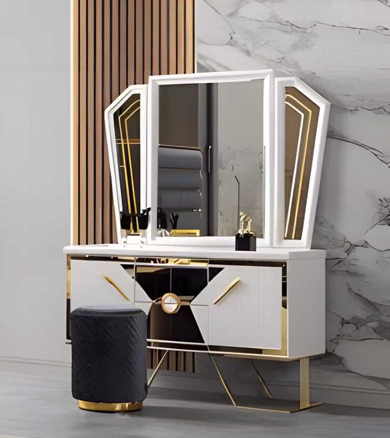 Gold-Weißer Schminktisch Exklusiver Frisiertisch Schlafzimmer Möbel