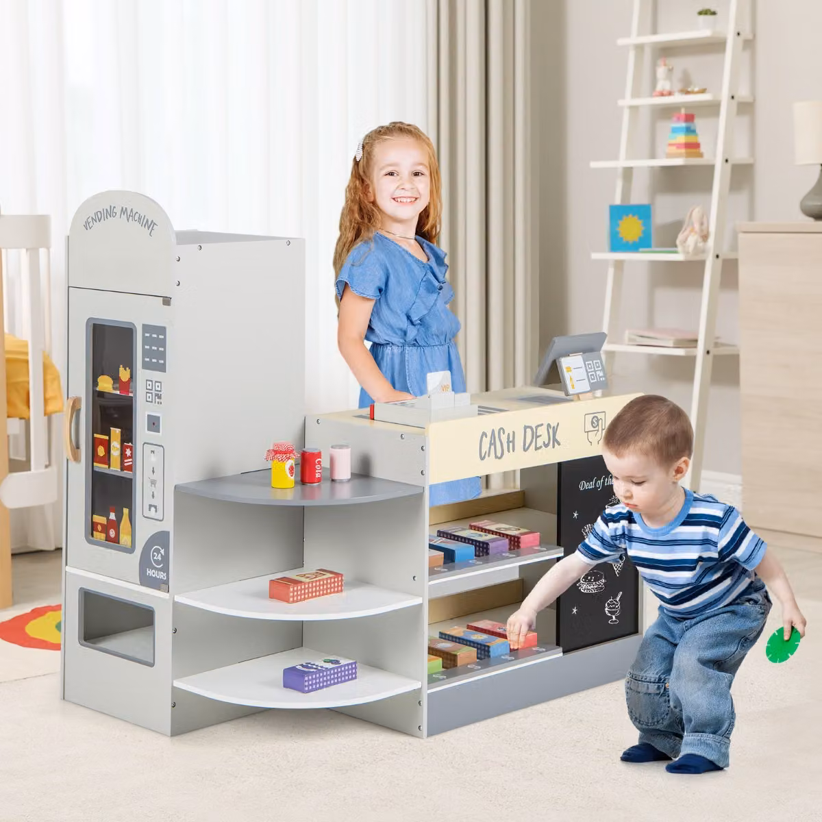 Set di giocattoli supermercato Costway con cassa e distributore automatico, Grigio